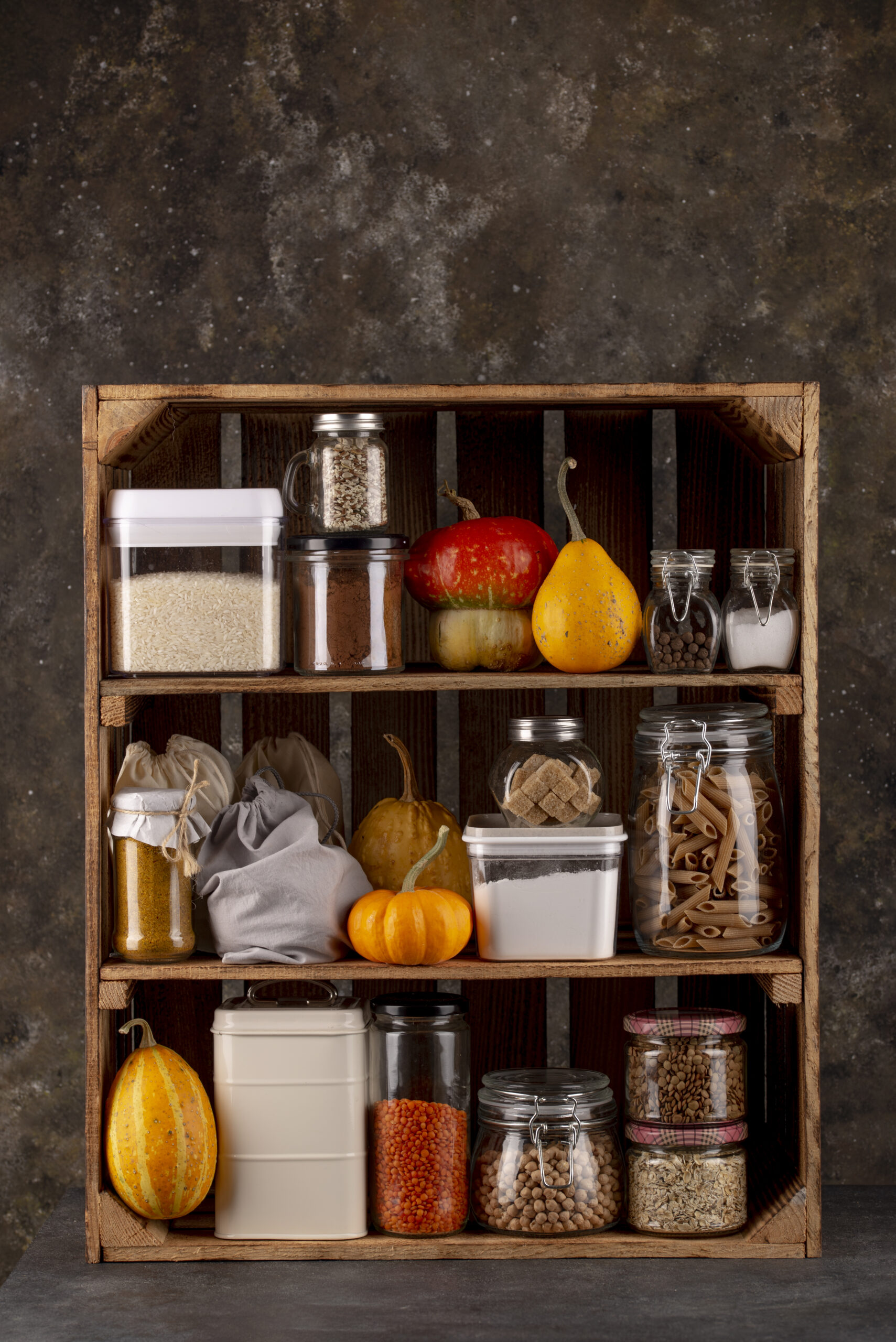 Étagère en bois remplie de bocaux en verre et de contenants réutilisables contenant des aliments secs : riz, lentilles, pois chiches, pâtes complètes, épices, sucre, ainsi que plusieurs courges décoratives. Organisation de garde-manger zéro déchet avec stockage durable et vrac alimentaire
