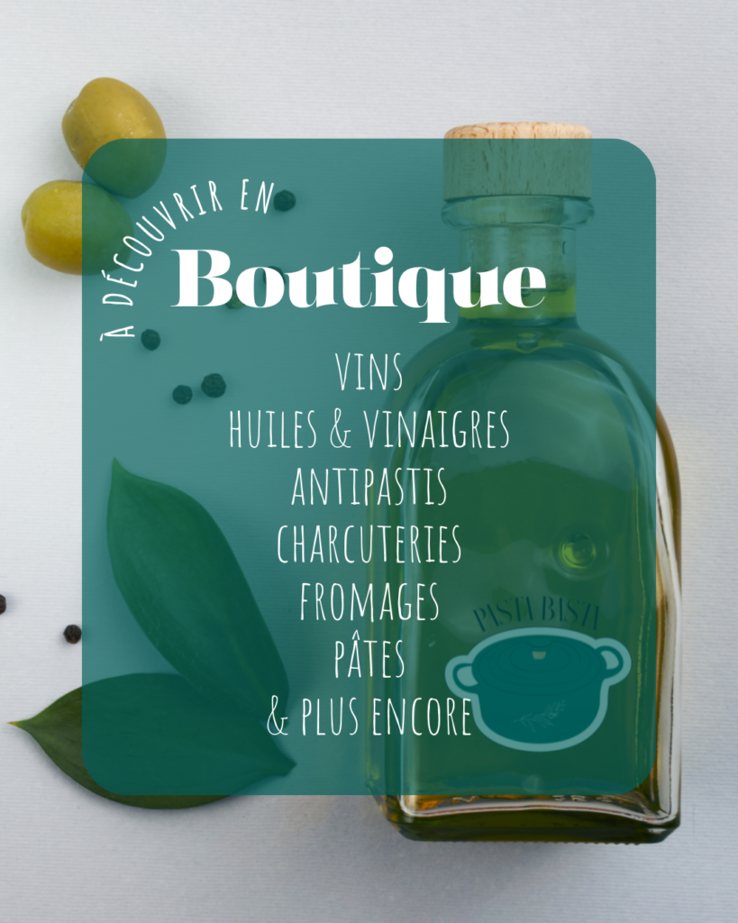 Produits disponibles en boutique Pasta Basta : vins, huiles, vinaigres, antipasti, charcuteries, fromages et pâtes.